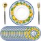50 Pack Lemon Paper Placemats Disposable 50 Pack 13.7 Inch Cyan Blue Tiles Lemon Fruit Round Place Mats Summer Table Mats for Kitchen Dining Party Decoration